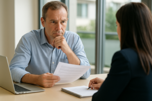 Cliente negociando con su banco antes de acogerse a la Ley de Segunda Oportunidad, revisando documentos con un gestor financiero en una oficina moderna