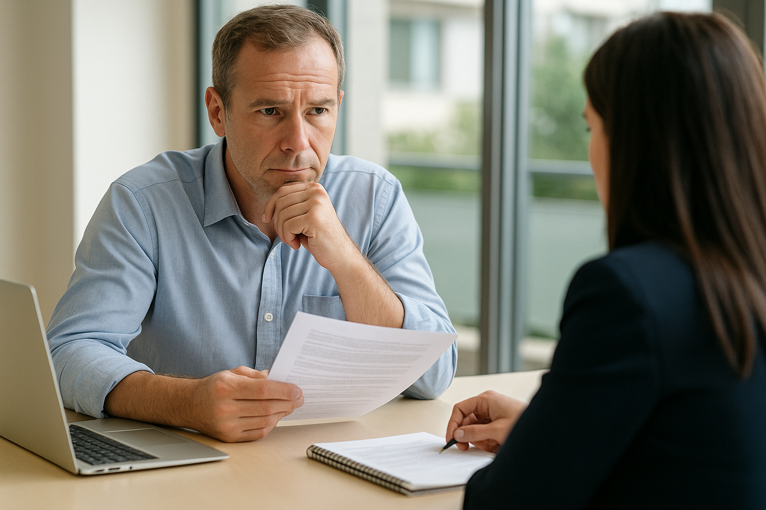 Cliente negociando con su banco antes de acogerse a la Ley de Segunda Oportunidad, revisando documentos con un gestor financiero en una oficina moderna
