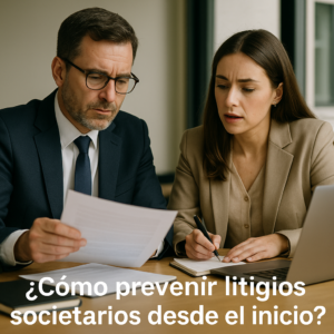 un abogado y una empresaria revisando documentos en una oficina luminosa, centrados en la prevención de conflictos entre socios.