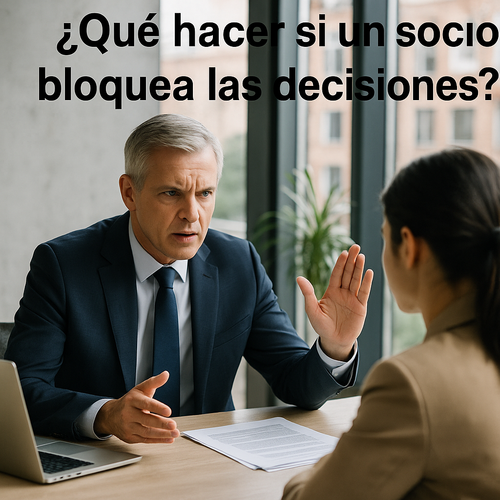 Un abogado mercantil conversa con una empresaria en una oficina luminosa, revisando documentos legales sobre un conflicto entre socios y cómo resolver un bloqueo en la toma de decisiones de la empresa.
