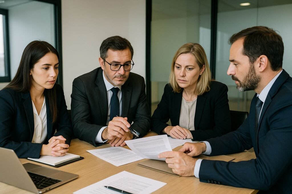 Socios de una empresa reunidos para resolver el incumplimiento de un pacto de socios